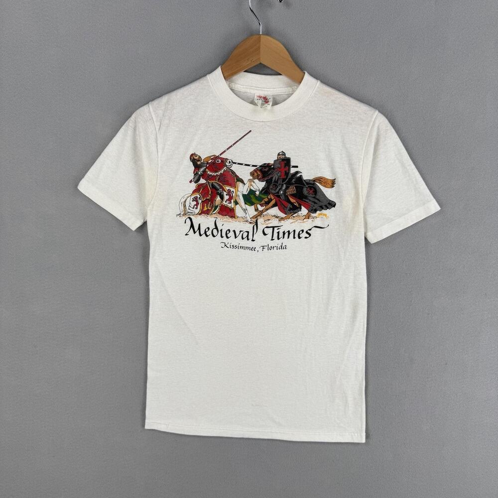 Vintage Medieval Times Shirt Mens Medium White Knight Kissimmee Florida 80s